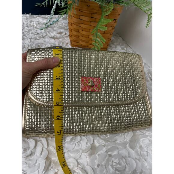 Lilly Pulitzer Gold Basketweave Metallic Clutch Vintage Floral Interior & Clasp - Picture 9 of 11
